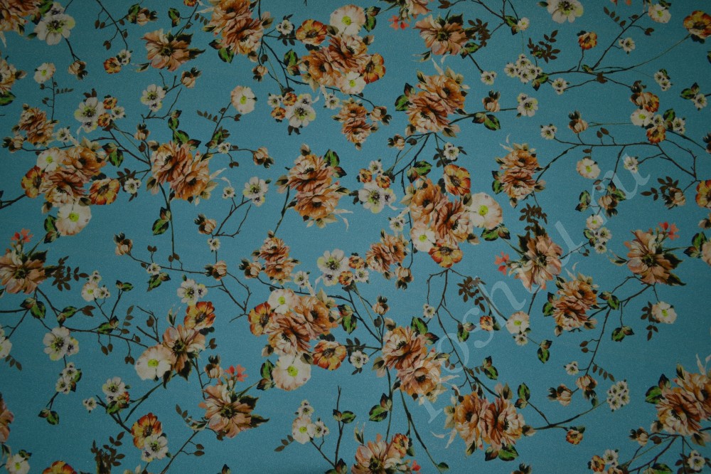 Ткань шелк матовый бирюзового оттенка в цветочный принт