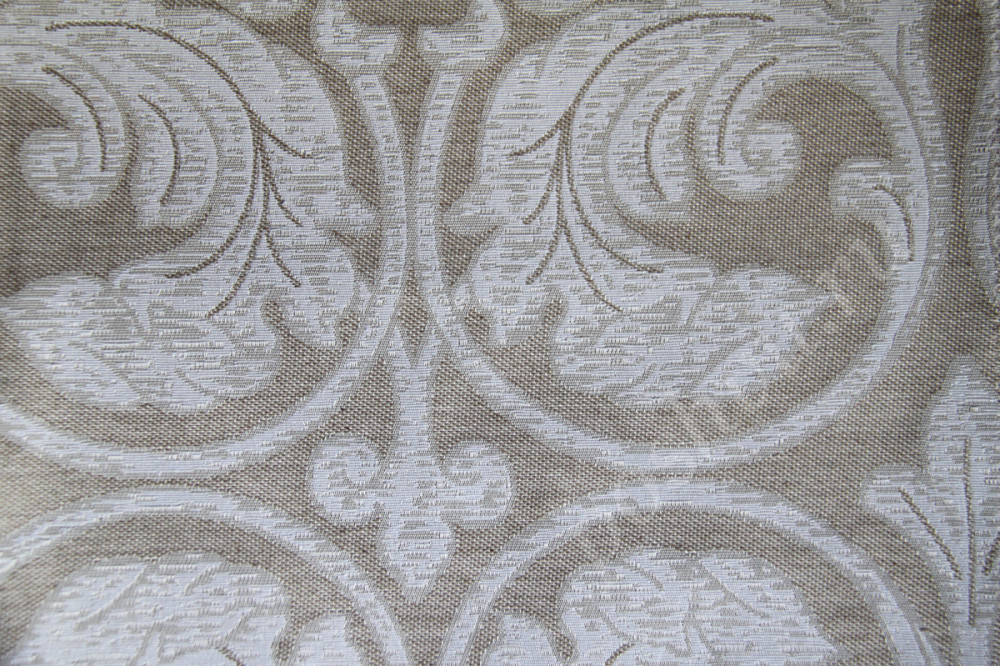 Портьерная ткань жаккард ARISTOCRACY белые вензеля-дамаск и растения на сером фоне (раппорт 60х35см)