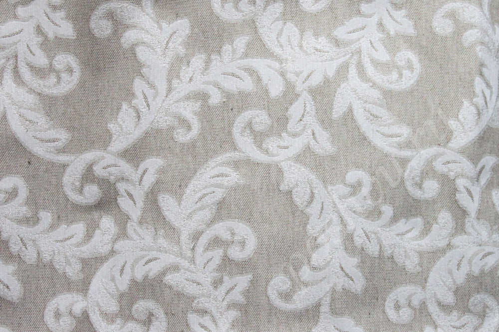 Портьерная ткань жаккард ISABELLA белые листья с растениями на сером фоне (раппорт 43х46см)