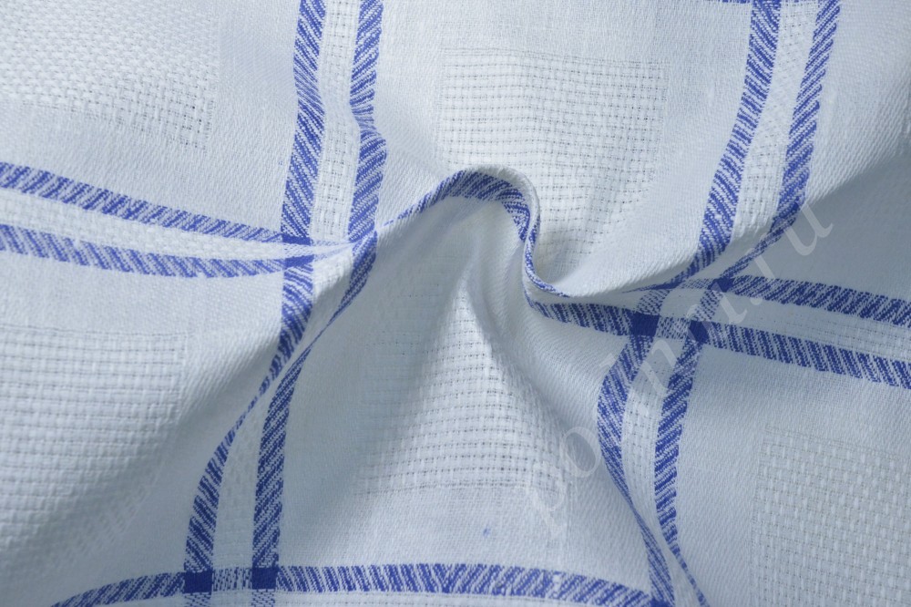Ткань натуральный лён для скатертей белого цвета в синюю клетку