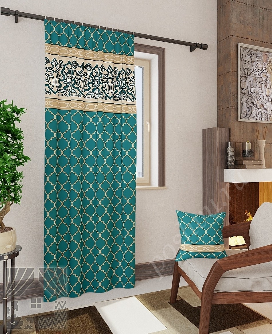 Стильные портьеры в синих тонах с узором в марокканском стиле для гостиной или спальни