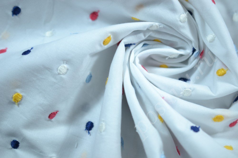 Блузочная ткань Max Mara белого оттенка в разноцветный горох