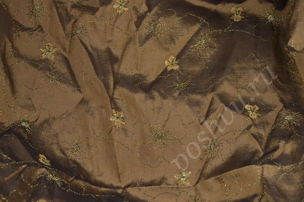 Ткань тафта коричневого оттенка с золотым узором