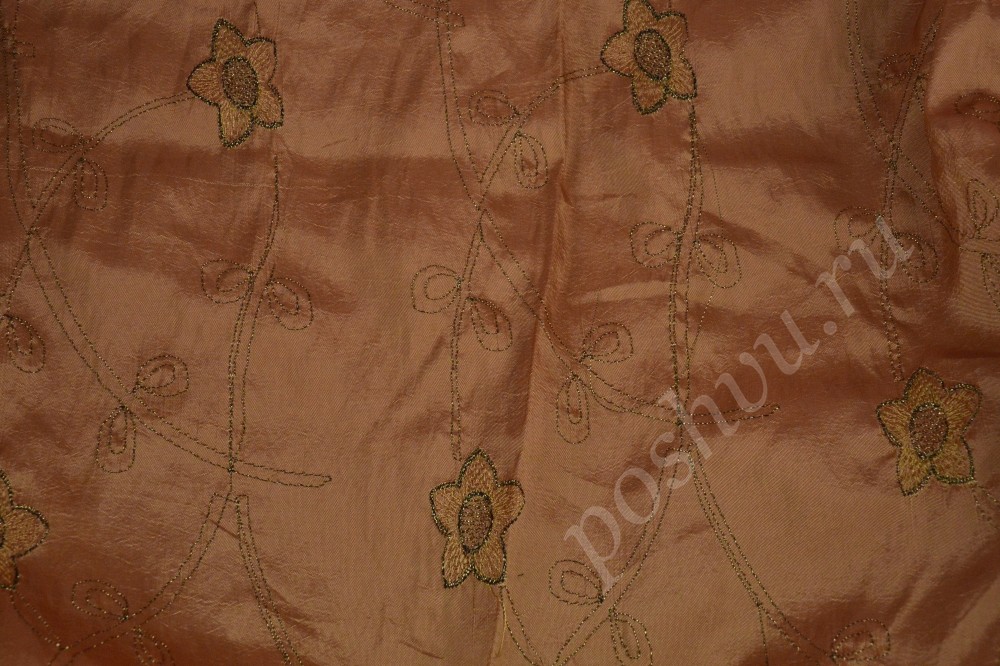 Ткань тафта медного оттенка с золотым узором