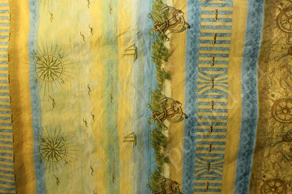 Ткань гобелен с принтом морской тематики в желтых и синих тонах