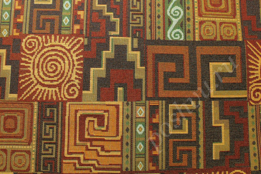 Ткань гобелен ПРЕМИУМ, 150 см, с оригинальным орнаментом коричневого, бордового и оранжевого оттенков