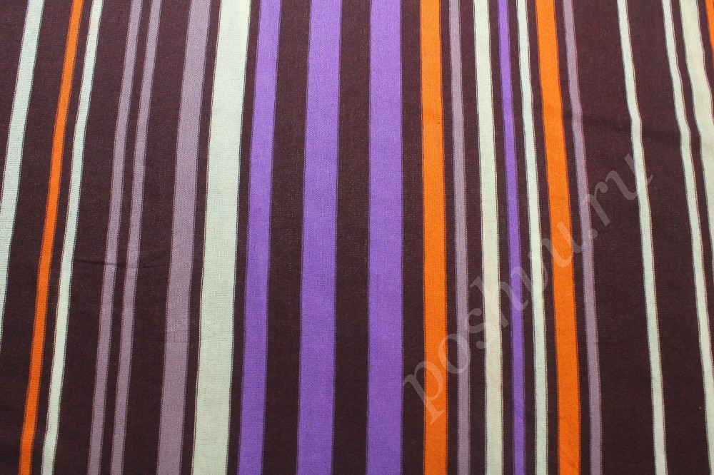 Ткань трикотаж в бордовые, оранжевые, белые и фиолетовые полоски