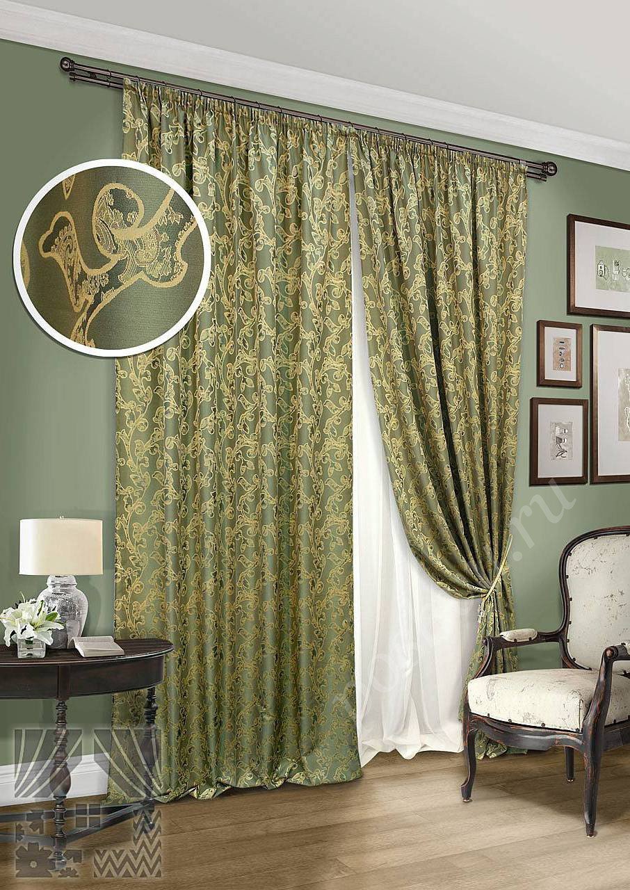 Изысканный комплект готовых штор в зеленых тонах и тюля для гостиной