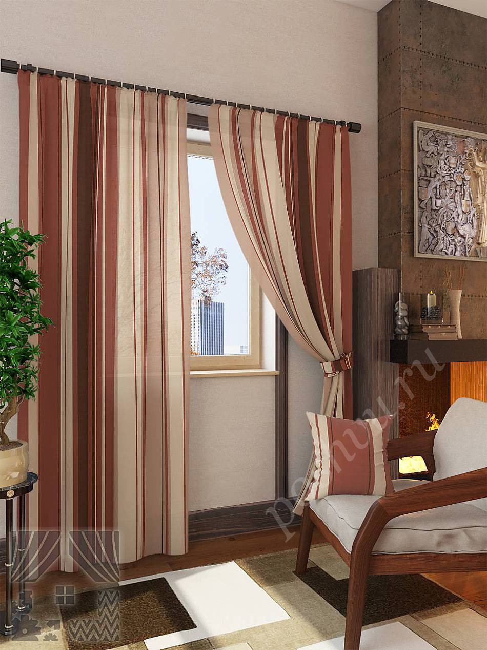 Комплект готовых полосатых штор в теплых тонах для гостиной или кабинета