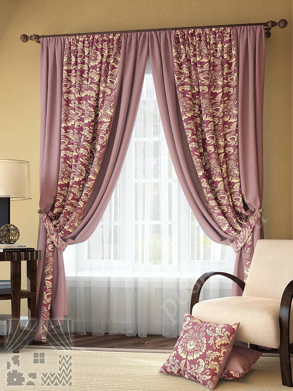 Романтичный комплект  готовых штор брусничного цвета и декоративных подушек для спальни