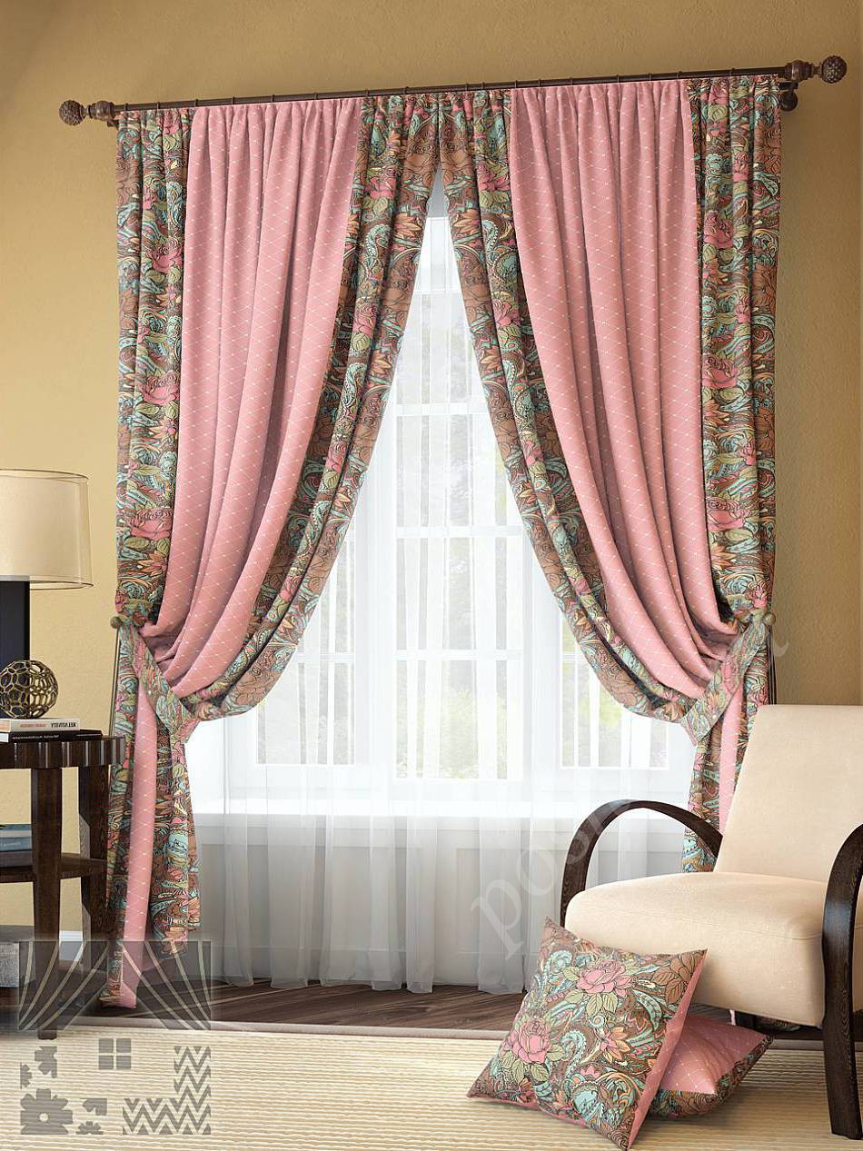 Роскошный комплект готовых штор розового цвета и декоративных подушек для спальни
