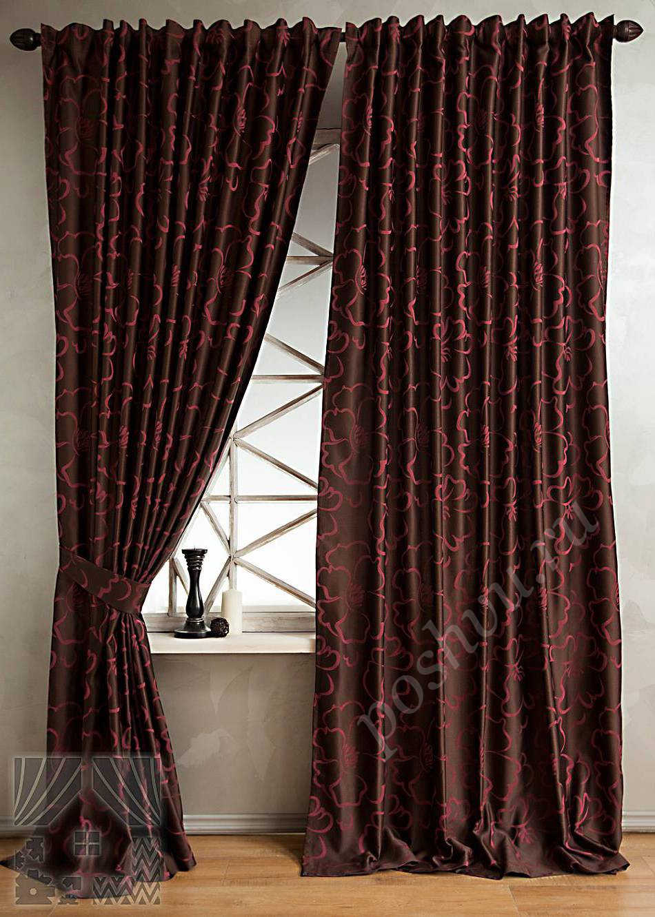 Стильный комплект готовых штор в коричневых тонах с цветочным узором для спальни или гостиной