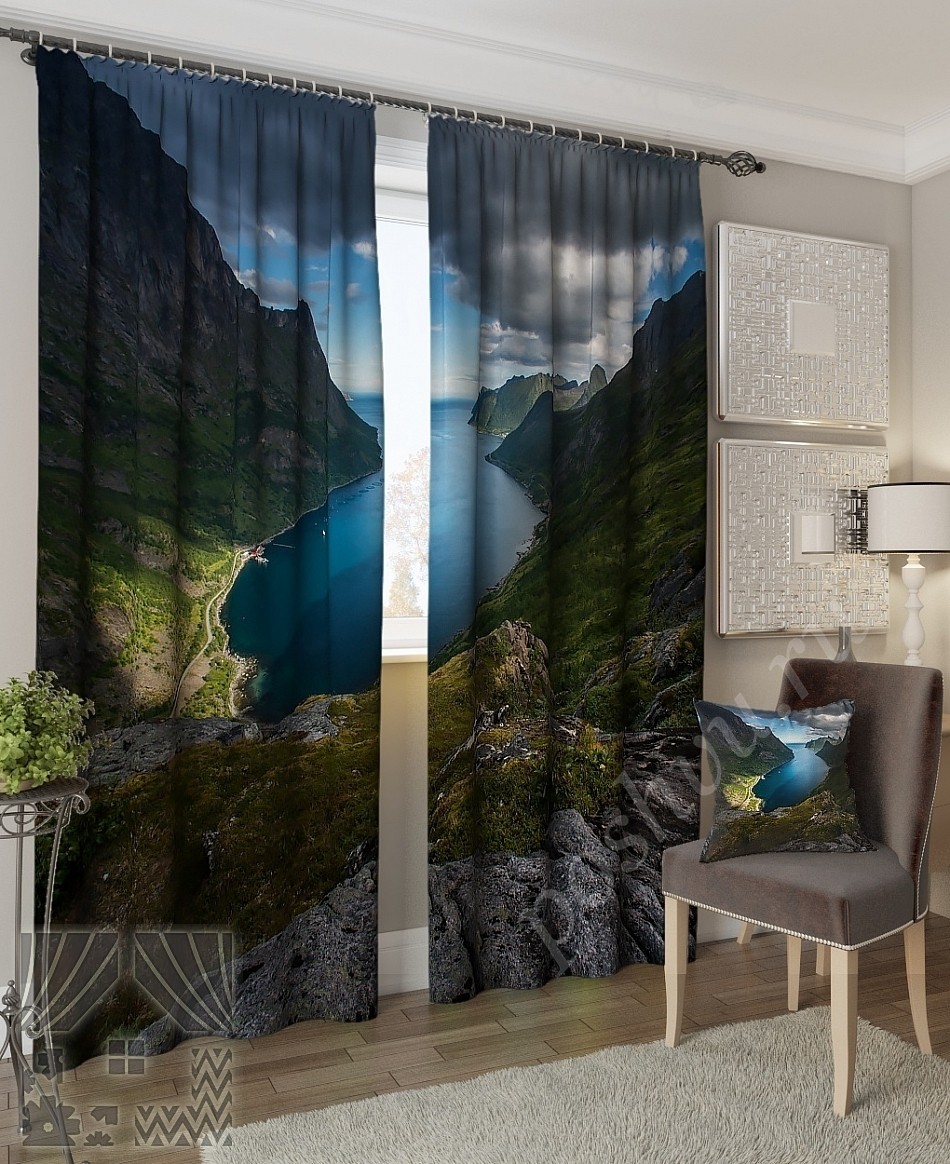 Комплект готовых фото штор с изображением морского залива в окружении скал для гостиной или спальни