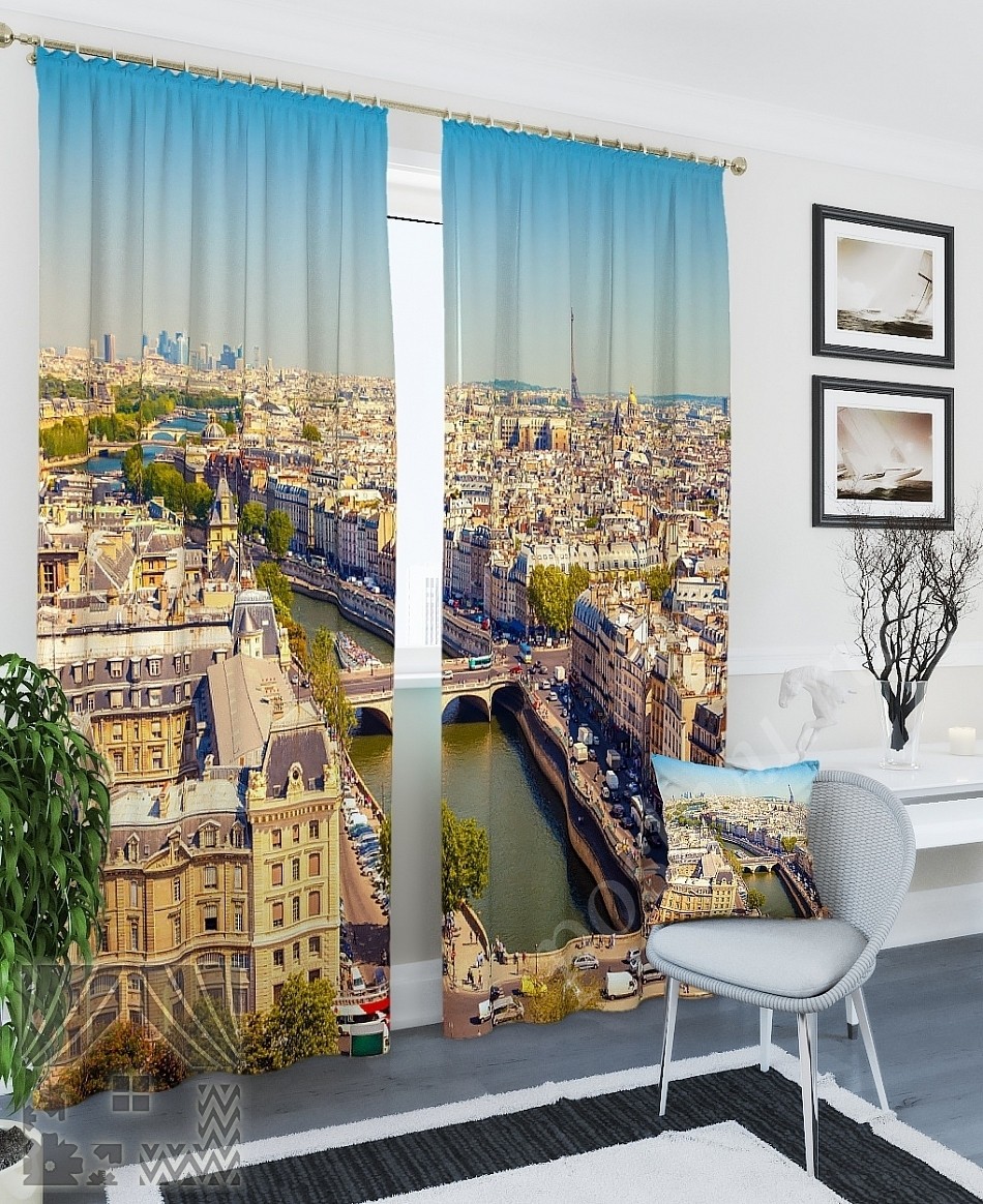 Комплект готовых фото штор с изображение панорамы Парижа для гостиной или кабинета