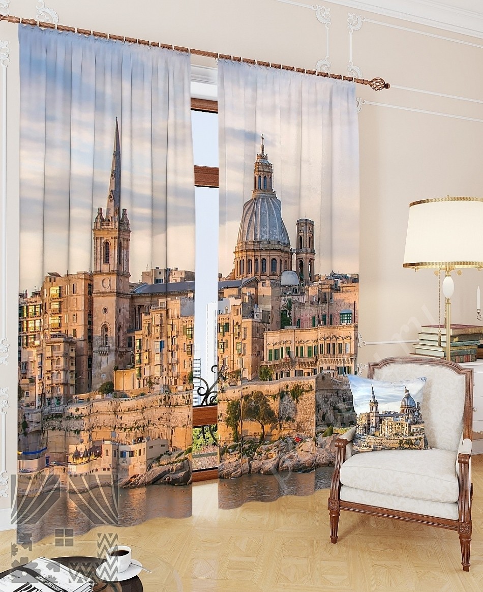 Комплект готовых фото штор с изображением побережья Мальты для гостиной или спальни