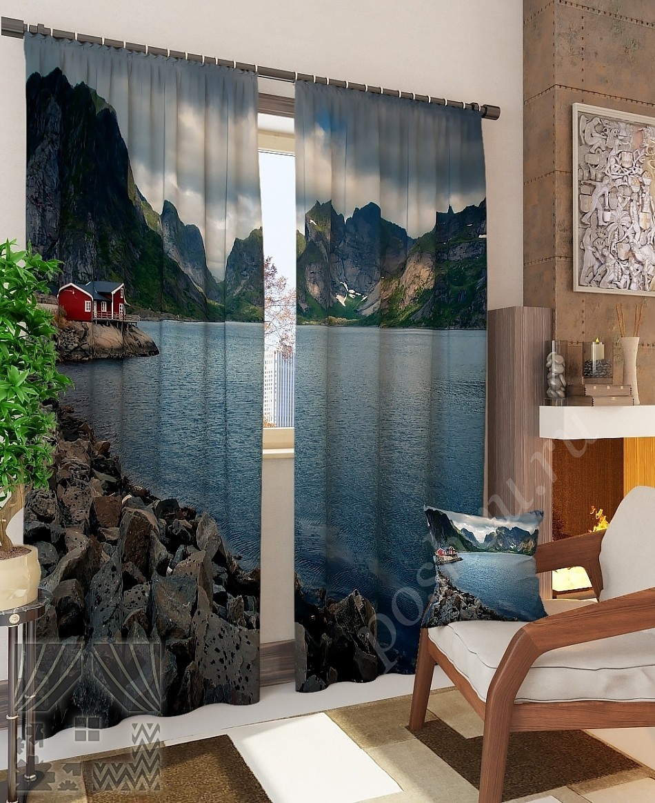 Комплект готовых фото штор с изображением домика у горного озера для гостиной