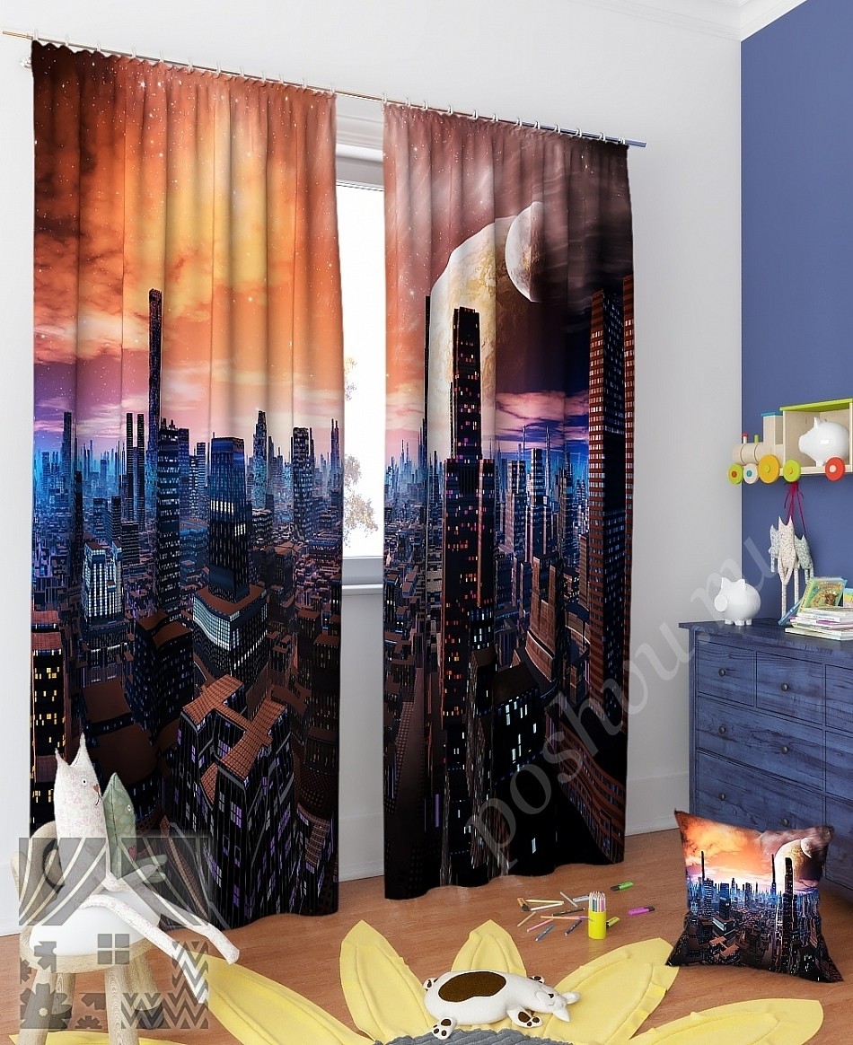 Комплект готовых фото штор с изображением фантастического мегаполиса для спальни