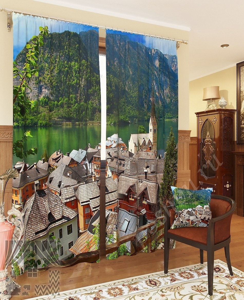 Комплект готовых фото штор с изображением городка в горах для гостиной