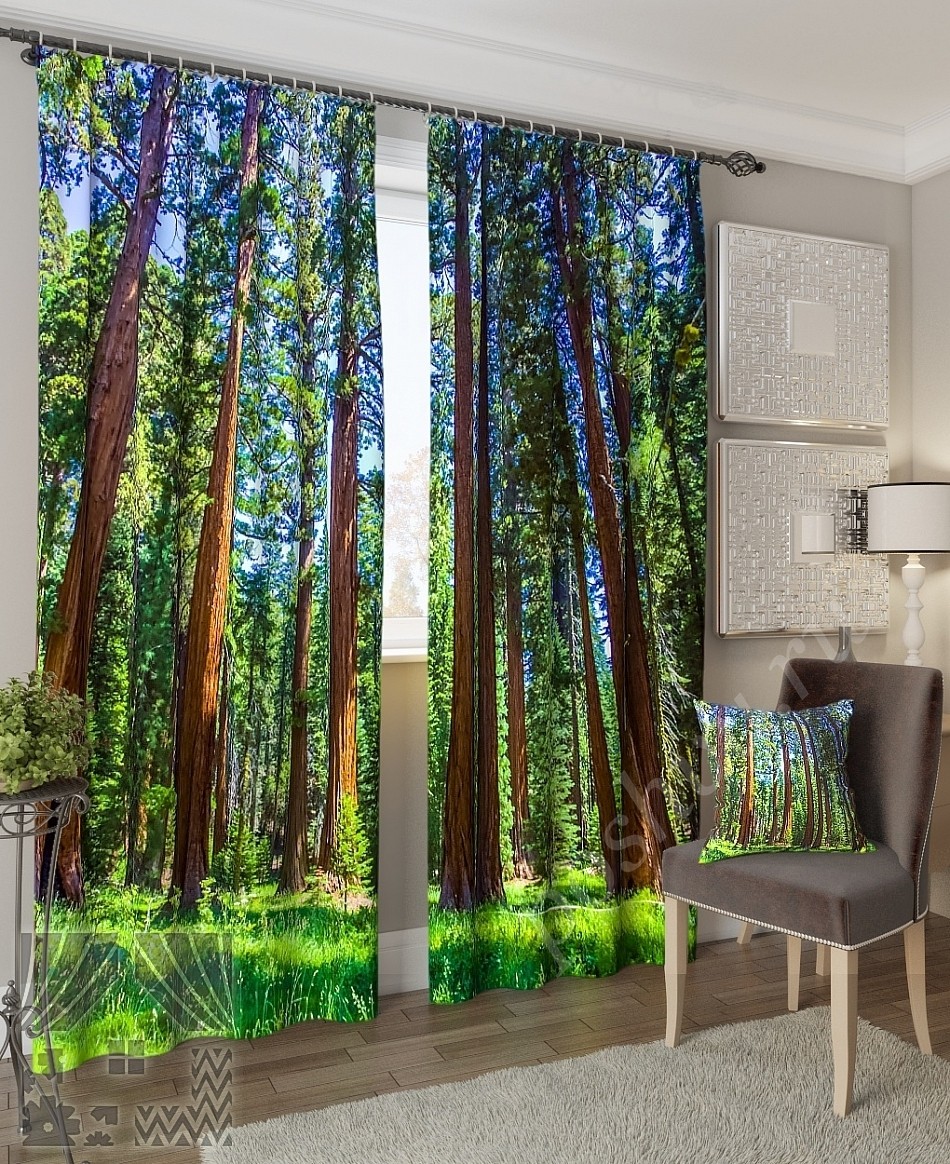 Комплект готовых фото штор с изображением летнего соснового леса для гостиной