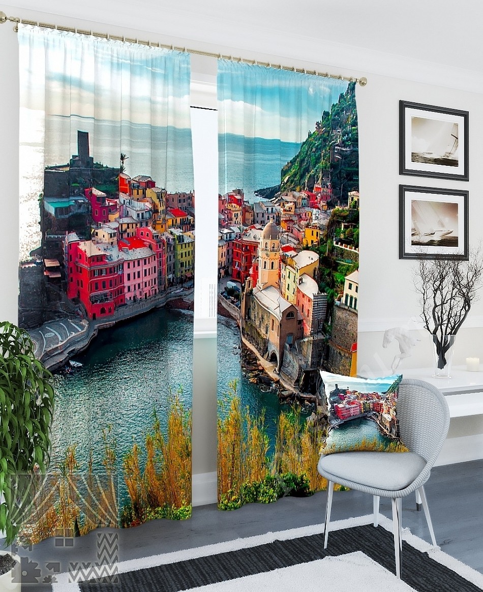 Комплект готовых фото штор с изображением лигурийского побережья Италии для гостиной или спальни