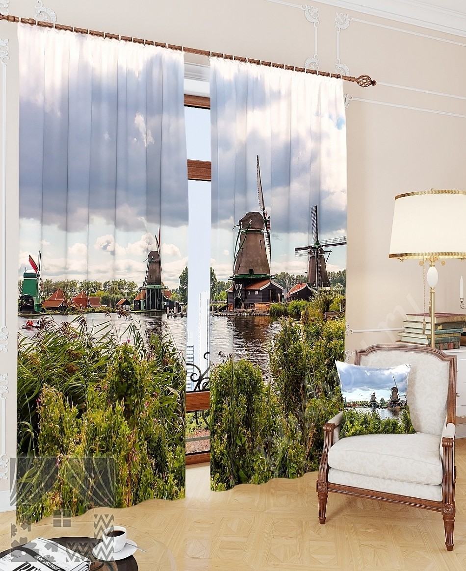 Комплект готовых фото штор с изображением мельниц у реки для гостиной или спальни