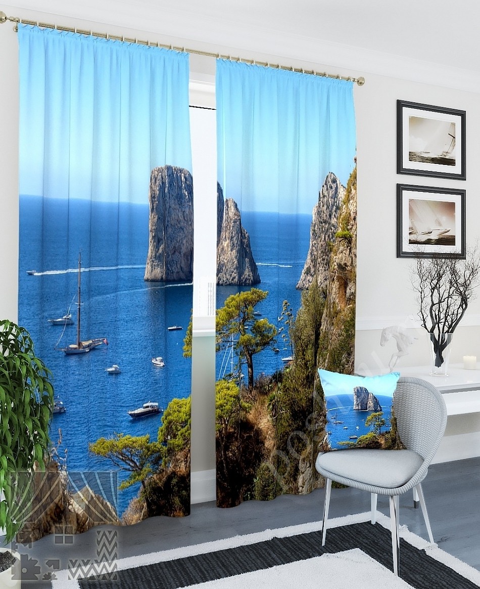 Комплект готовых фото штор с изображением моря и прибрежных скал для гостиной или спальни
