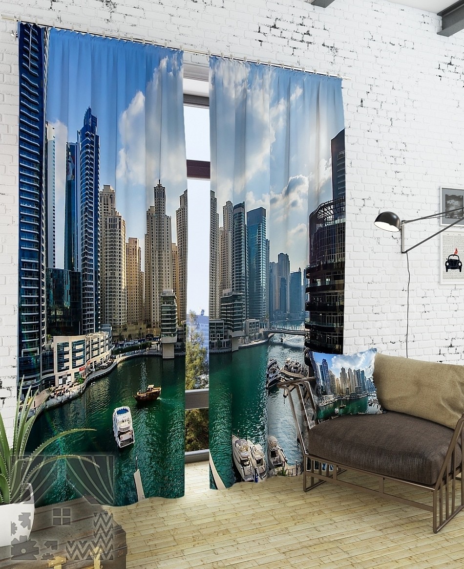 Комплект готовых фото штор с изображением набережной мегаполиса для гостиной или кабинета