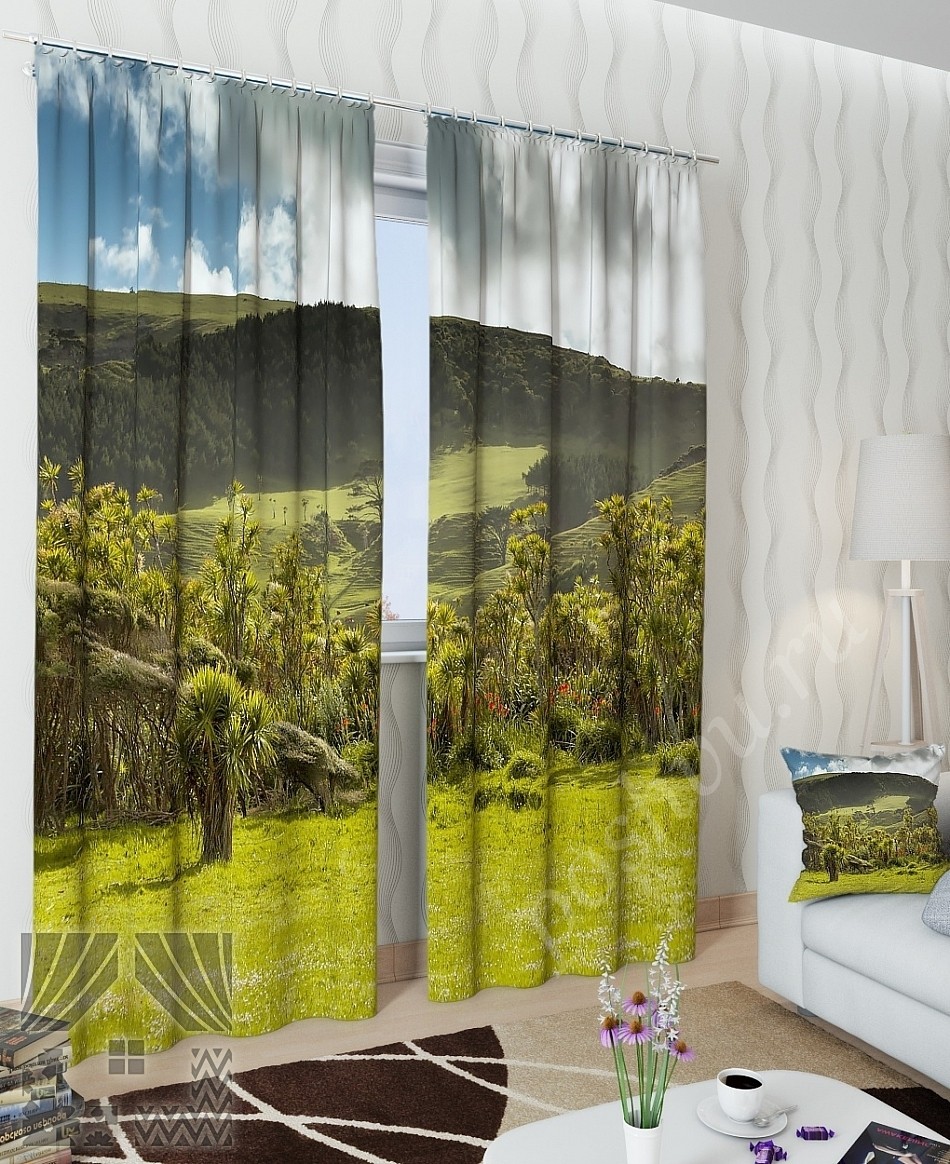 Комплект готовых фото штор с изображением необычного леса для гостиной или спальни