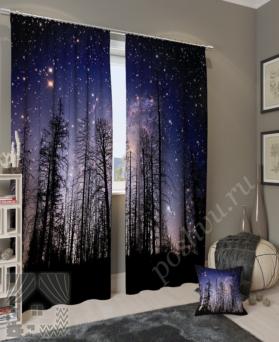 Комплект готовых фото штор с изображением ночного леса для спальни