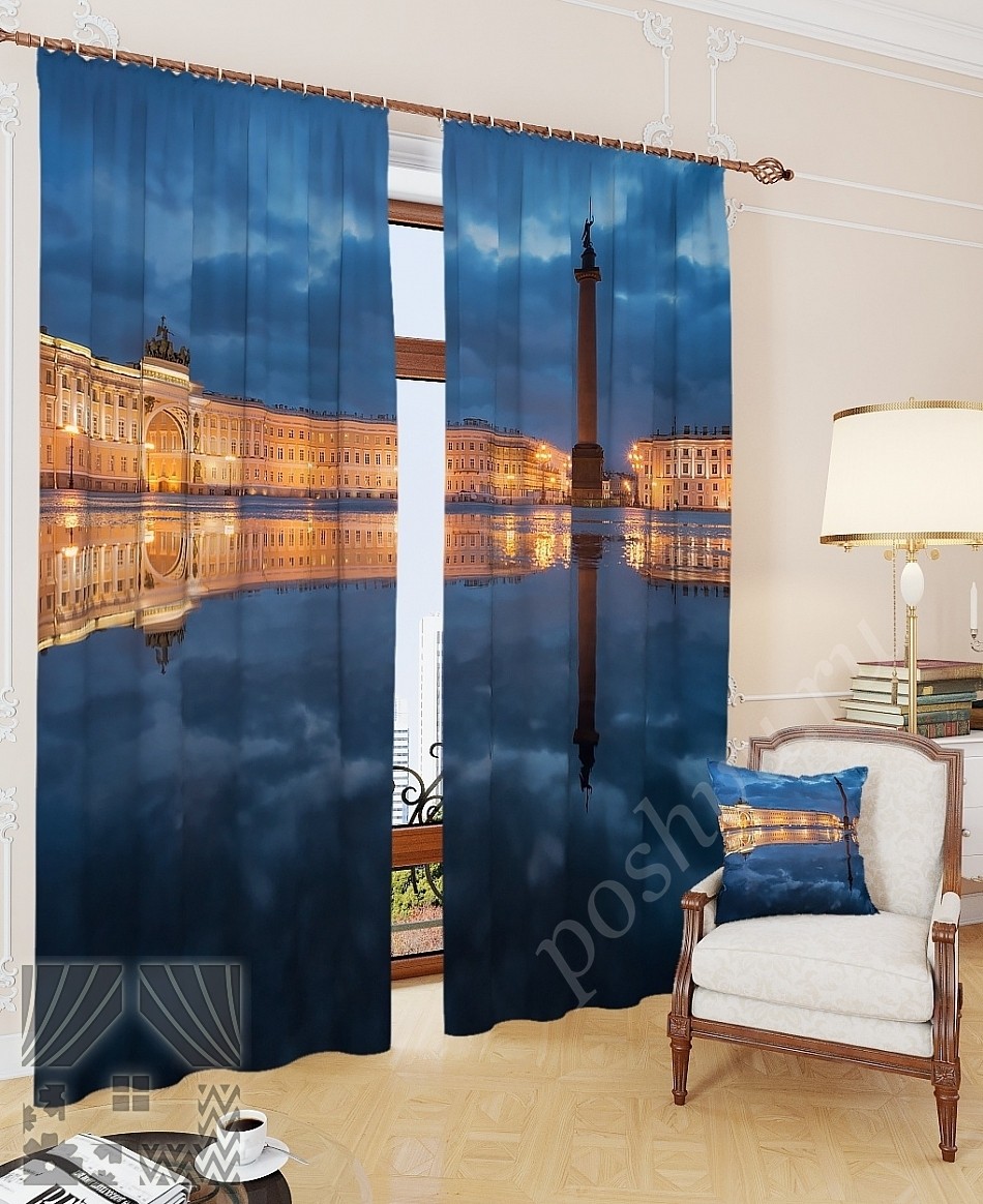 Комплект готовых фото штор с изображением ночного Петербурга для спальни