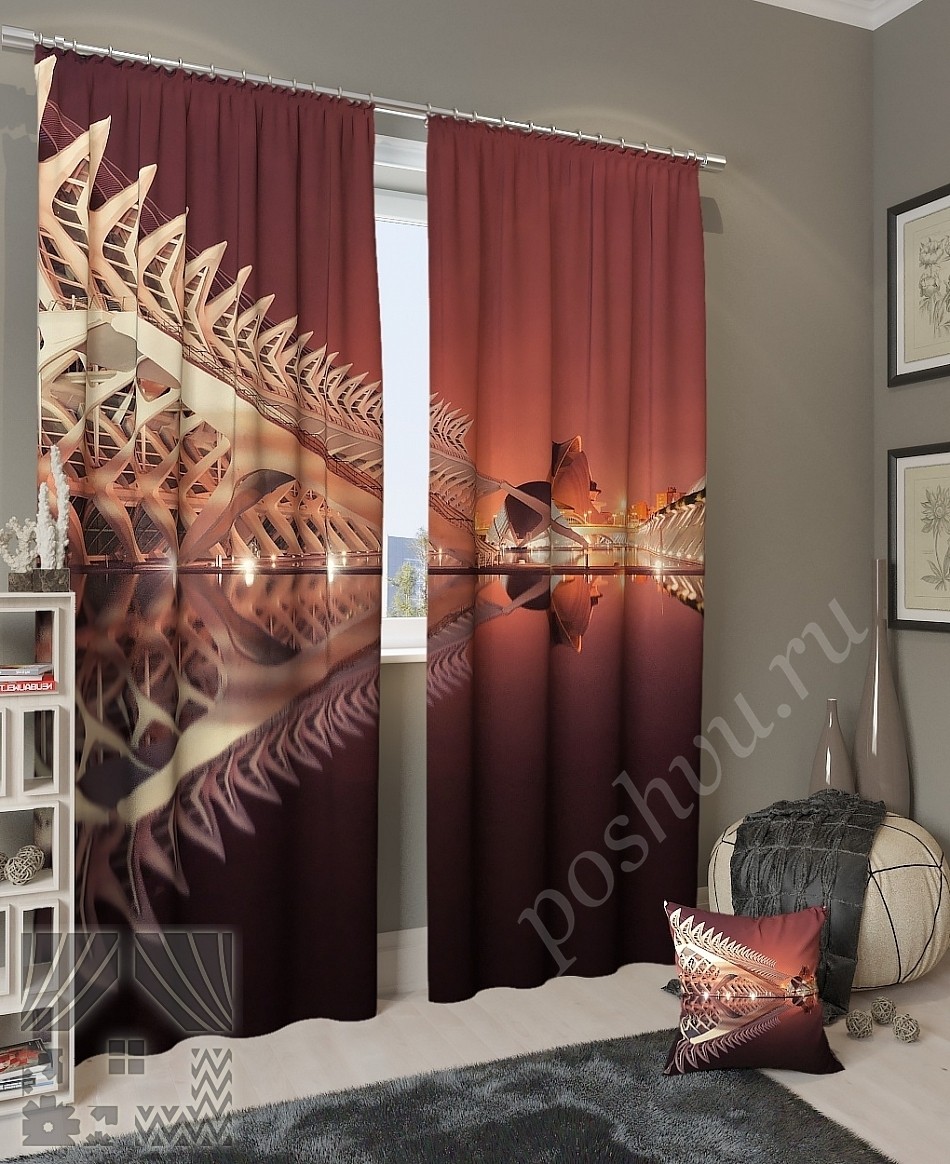 Комплект готовых фото штор с изображением океанариума в Валенсии для гостиной или спальни