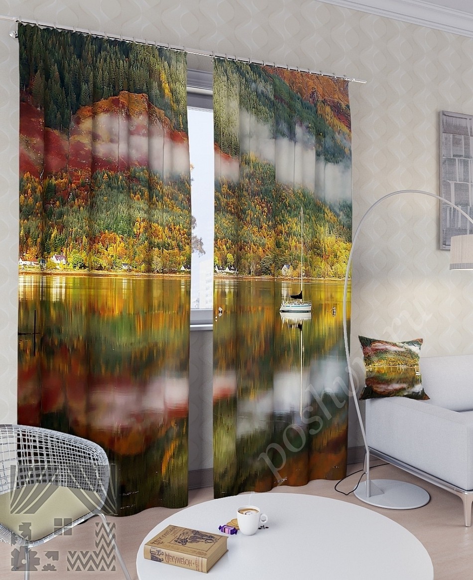 Комплект готовых фото штор с изображением осеннего озера для гостиной или спальни