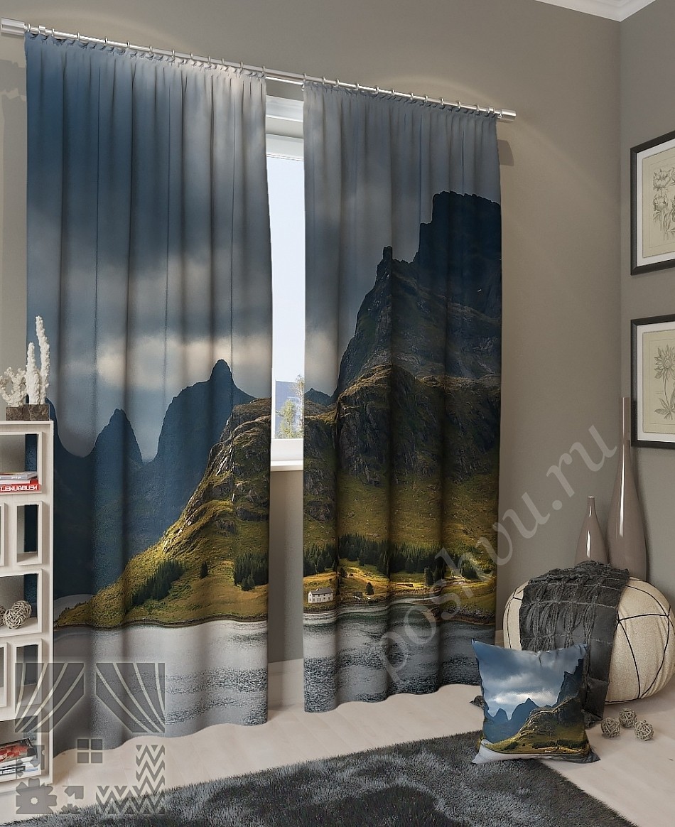 Комплект готовых фото штор с изображением озера у подножия гор для гостиной