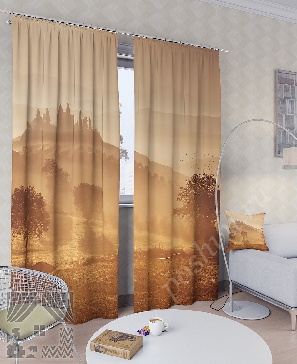 Комплект готовых фото штор с изображением природного пейзажа для спальни или гостиной