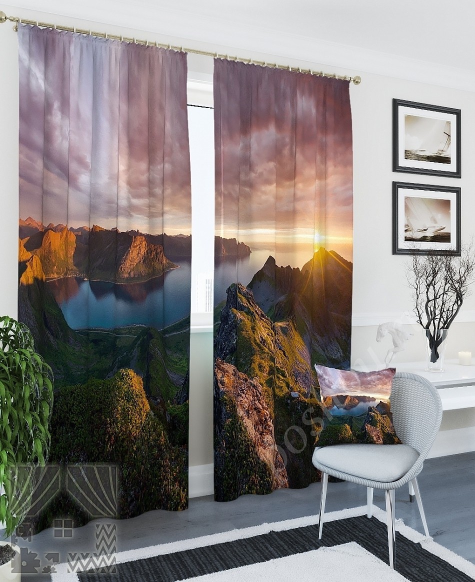 Комплект готовых фото штор с изображением рассвета над горами для гостиной