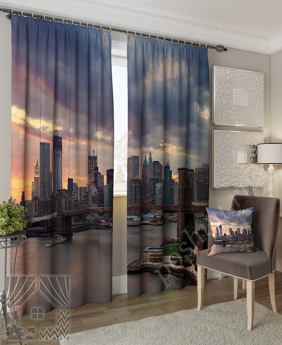 Комплект готовых фото штор с изображением рассвета в мегаполисе для кабинета или гостиной