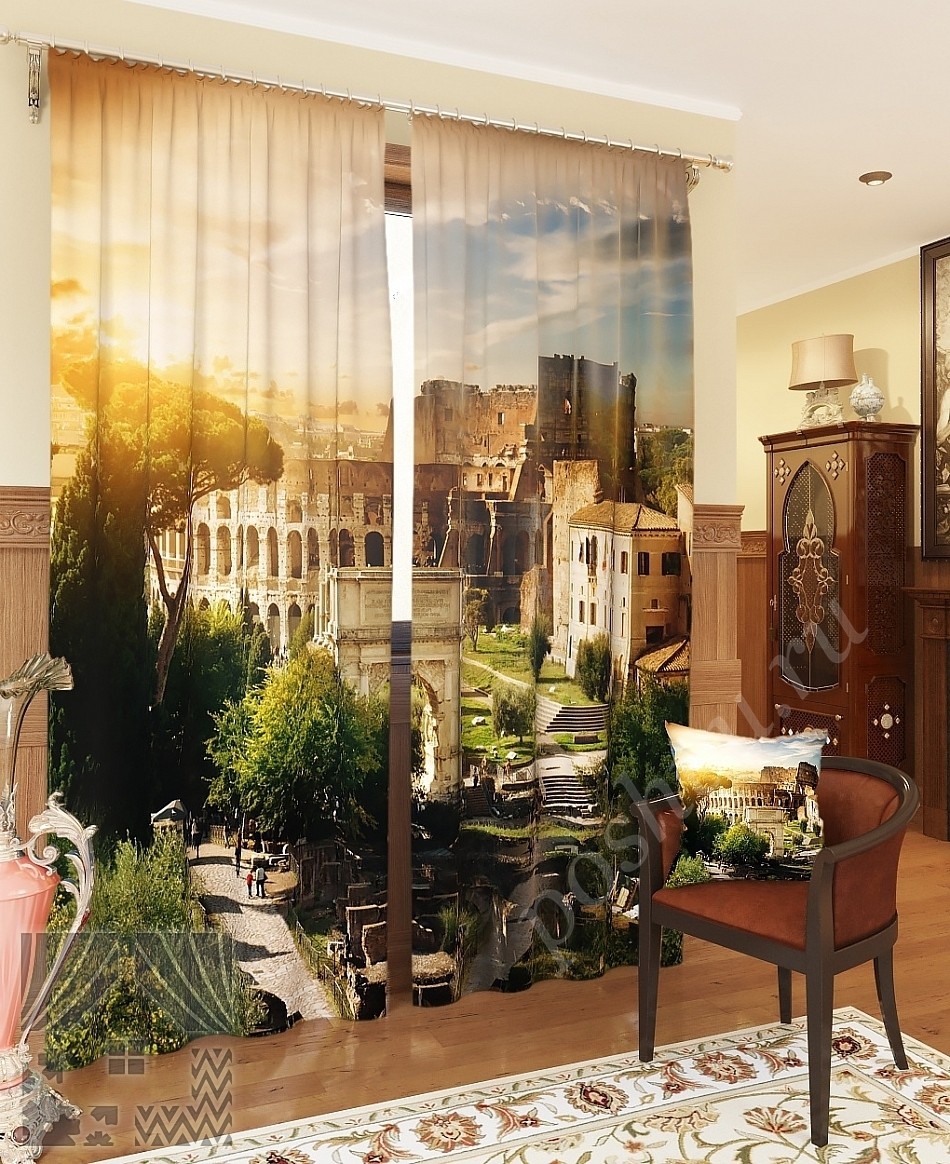 Комплект готовых фото штор с изображением римского Колизея для гостиной или спальни