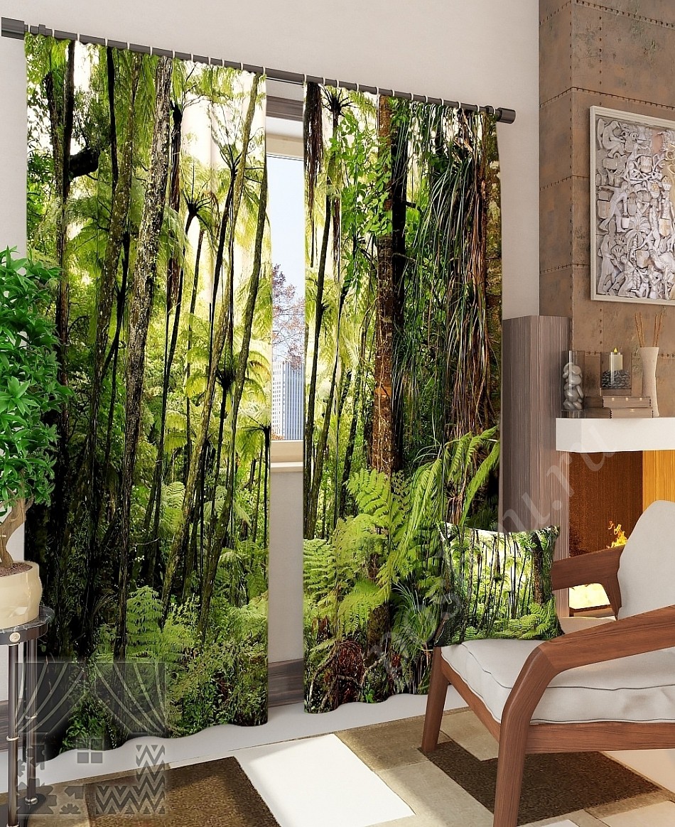 Комплект готовых фото штор с изображением тропического леса для гостиной