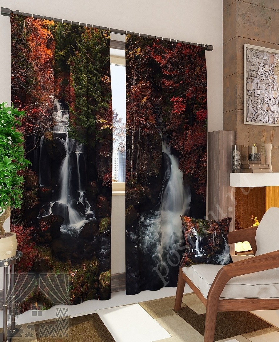 Комплект готовых фото штор с изображением водопада среди осенних деревьев для гостиной или спальни