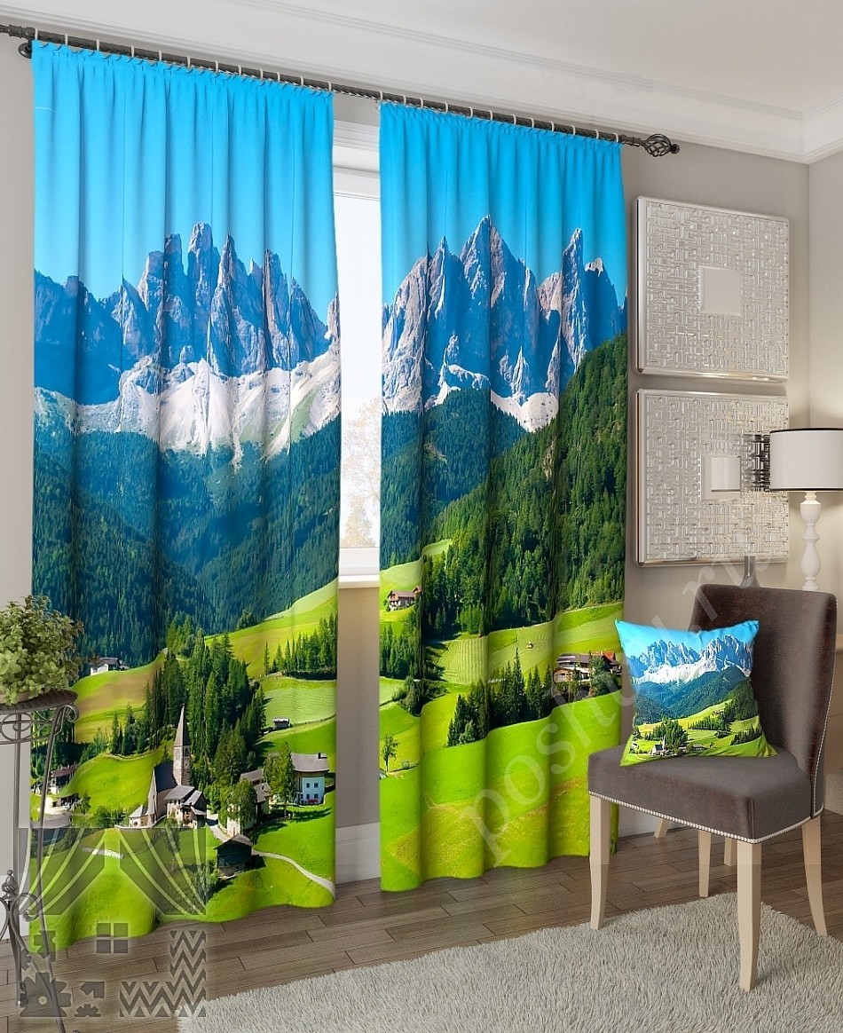 Комплект готовых фото штор с изображением летнего горного пейзажа для гостиной или спальни