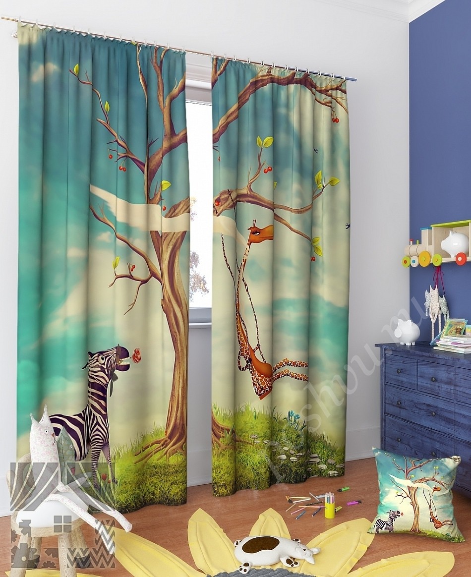 Милый комплект готовых фото штор с изображением жирафа и зебры для детской комнаты