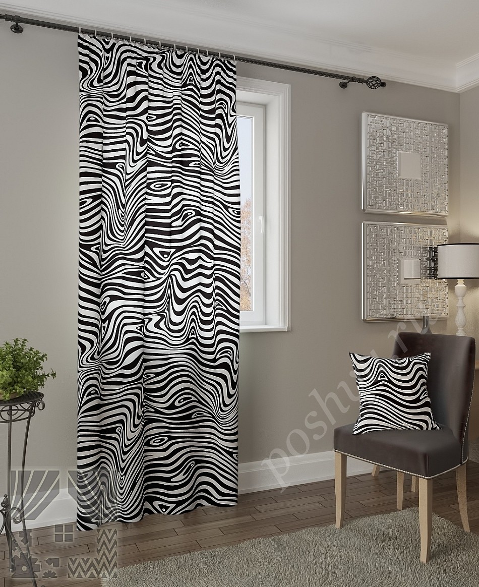Контрастные черно-белые портьеры с абстрактным принтом для гостиной или спальни