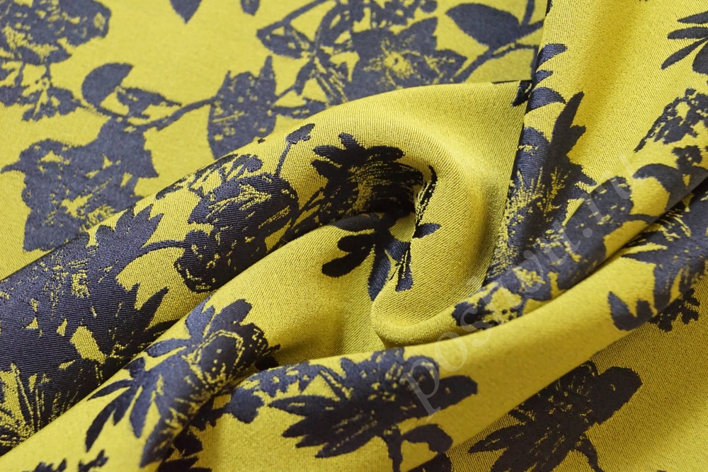 Ткань для штор жаккард желтого оттенка с темно-серыми цветами