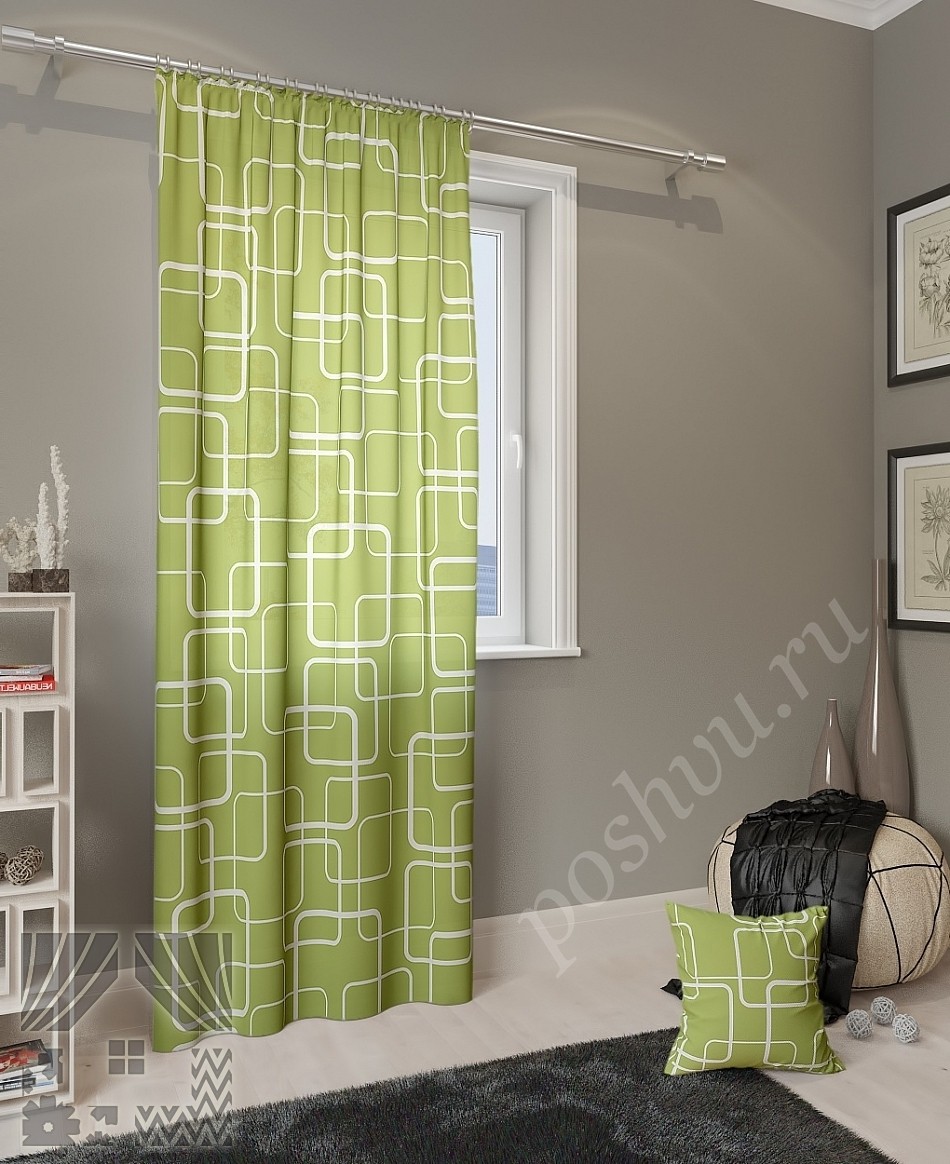Светло-зеленые портьеры с геометрическим принтом для гостиной или спальни