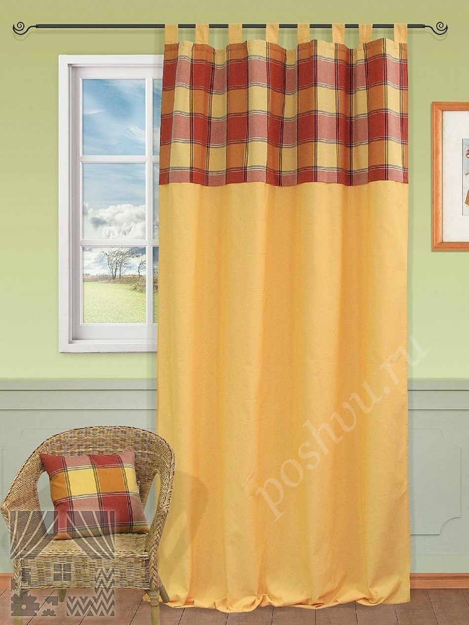 Желтые портьеры на петлях с клетчатой отделкой для гостиной или спальни