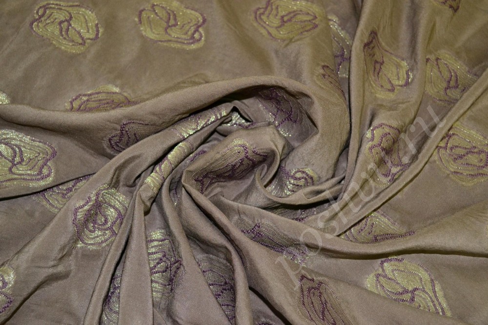 Жаккардовая ткань лилово-серого оттенка с вышивкой в виде роз
