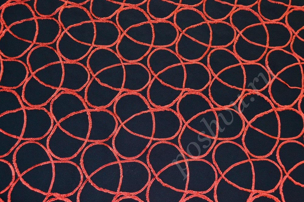 Ткань вискозная синего оттенка с красным абстрактным узором