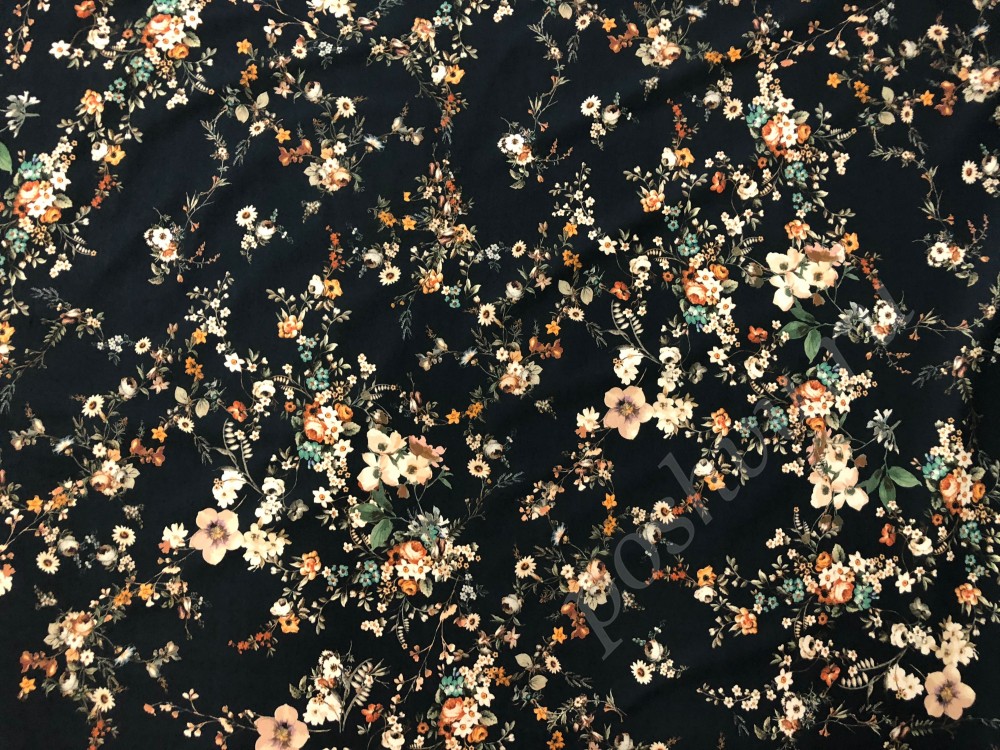Ткань хлопок сатин стрейдж черного оттенка в цветочный рисунок