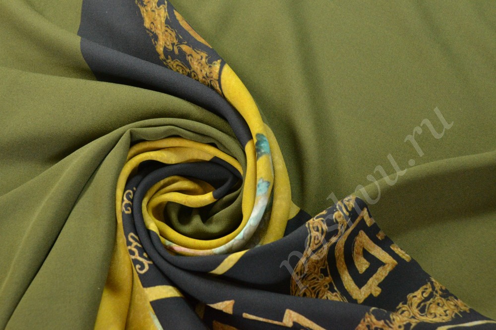 Ткань шелк оливкового оттенка с черно-желтым рисунком