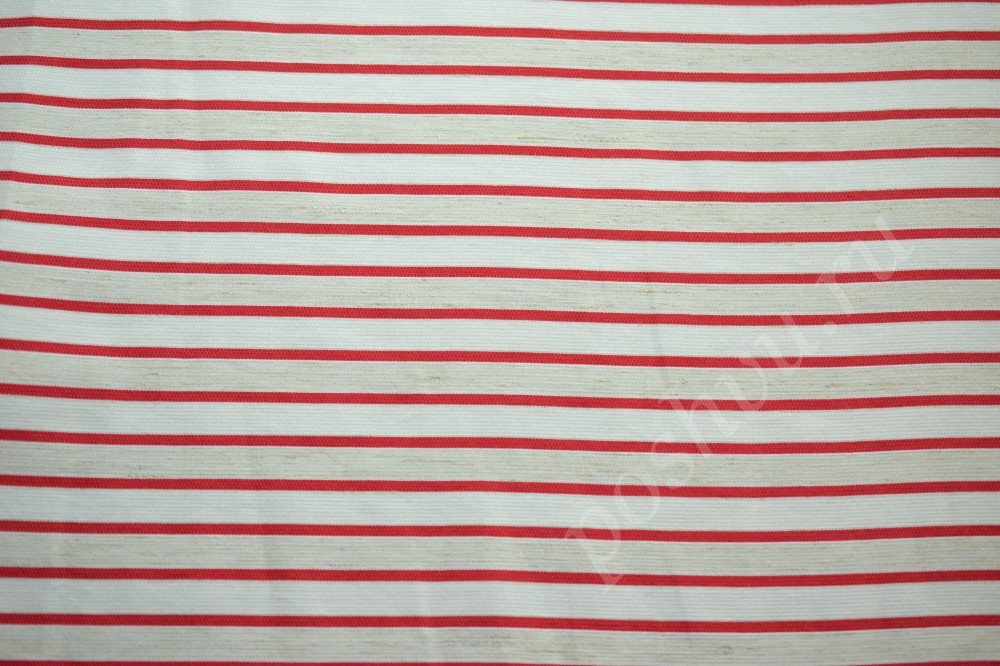Ткань плательная белого оттенка в красные полосы